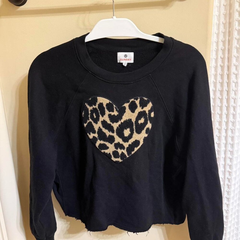 Sundry Black Sweatshirt with Leopard Print Heart Applique - Size 1 (Small)